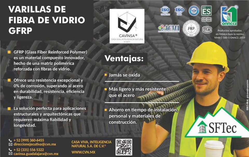Varilla GFRP, Jamas se oxida, mas ligero y mas resistente que el acero, Ahorro en tiempo de instalacion, personal y construccion. Para aplicaciones Estructurales y Arquitectonicas. Varilla GFRP, Jamas se oxida, mas ligero y mas resistente que el acero, Ahorro en tiempo de instalacion, personal y construccion. Para aplicaciones Estructurales y Arquitectonicas.