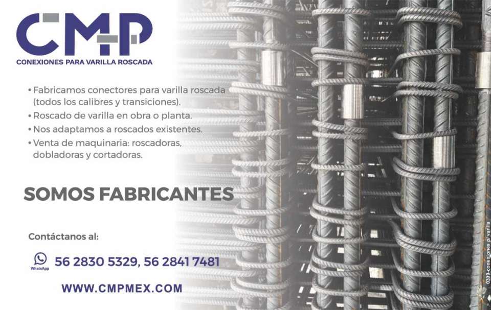 Fabricamos conectores para varilla roscada (todos los calibres y transiciones) Roscado de varilla en obra o planta Nos adaptamos a roscados existentes Venta de maquinaria Fabricamos conectores para varilla roscada (todos los calibres y transiciones) Roscado de varilla en obra o planta Nos adaptamos a roscados existentes Venta de maquinaria