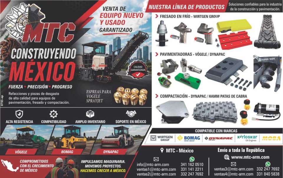 Equipo Nuevo y Usado Garantizado. Refacciones y piezas de desgaste para equipos de pavimentacion, fresado y compactacion. Compatibles con Wirtgen Group, Bomag, Dynapac, Kirloskar, Moba. Equipo Nuevo y Usado Garantizado. Refacciones y piezas de desgaste para equipos de pavimentacion, fresado y compactacion. Compatibles con Wirtgen Group, Bomag, Dynapac, Kirloskar, Moba.