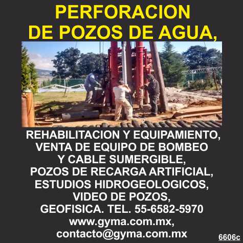 Perforacion de pozos de agua, rehabilitacion y equipamiento, venta de equipo de bombeo y cable sumergible, pozos de recarga artificial, estudios hidrogeologicos, video de pozos, geofisica. Perforacion de pozos de agua, rehabilitacion y equipamiento, venta de equipo de bombeo y cable sumergible, pozos de recarga artificial, estudios hidrogeologicos, video de pozos, geofisica.