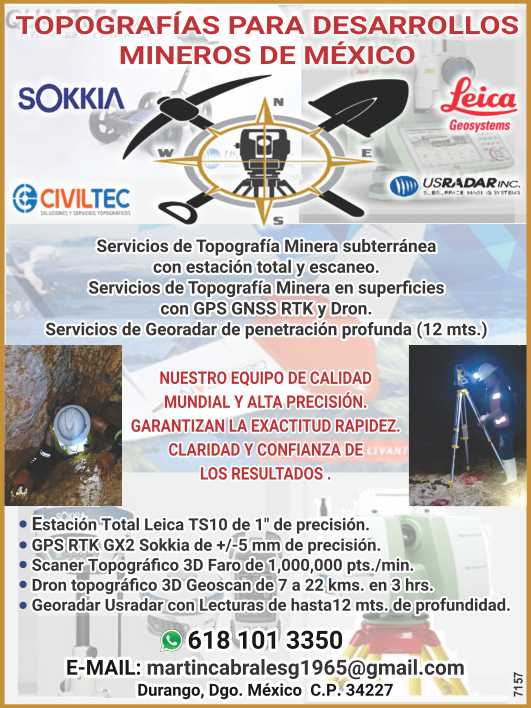 Servicios de Topografia Minera subterranea con estacion total y escaneo. Servicios de Topografia Minera en superficies con GPS GNSS RTK y Dron. Servicios de Georadar de penetracion profunda (12 mts) Servicios de Topografia Minera subterranea con estacion total y escaneo. Servicios de Topografia Minera en superficies con GPS GNSS RTK y Dron. Servicios de Georadar de penetracion profunda (12 mts)