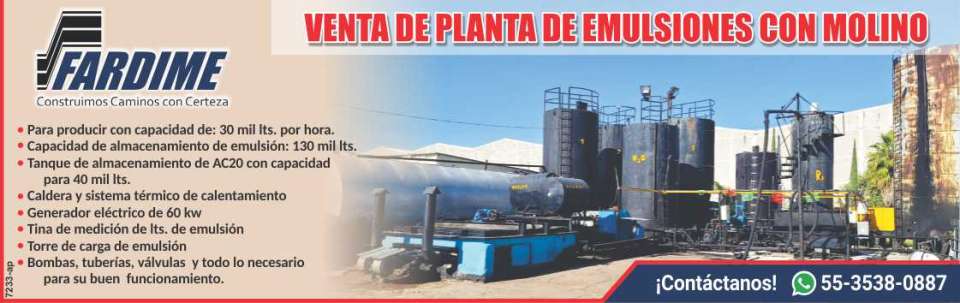 Planta de Emulsiones con Molino; Para producir con capacidda de 30 mil lts por hora. Capacidad de almacenamiento de emulsion: 13 mil lts. Tanque de almacenamiento de AC20 con capacidad para 40 mil lts Planta de Emulsiones con Molino; Para producir con capacidda de 30 mil lts por hora. Capacidad de almacenamiento de emulsion: 13 mil lts. Tanque de almacenamiento de AC20 con capacidad para 40 mil lts