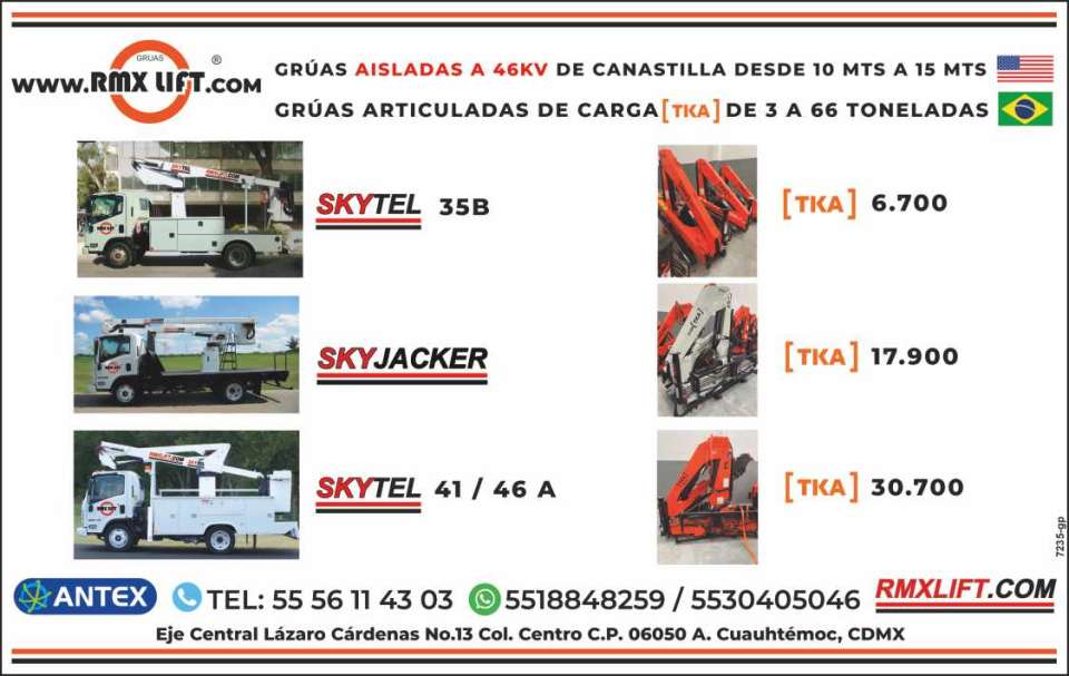 Gruas aisladas de canastilla de 10 a 15 mts. Gruas articuladas de carga TKA de 3 a 66 ton. Skytel Mod. 35B, 41 / 46A. TKA 6.700, 17.900 y 30.7 Gruas aisladas de canastilla de 10 a 15 mts. Gruas articuladas de carga TKA de 3 a 66 ton. Skytel Mod. 35B, 41 / 46A. TKA 6.700, 17.900 y 30.7