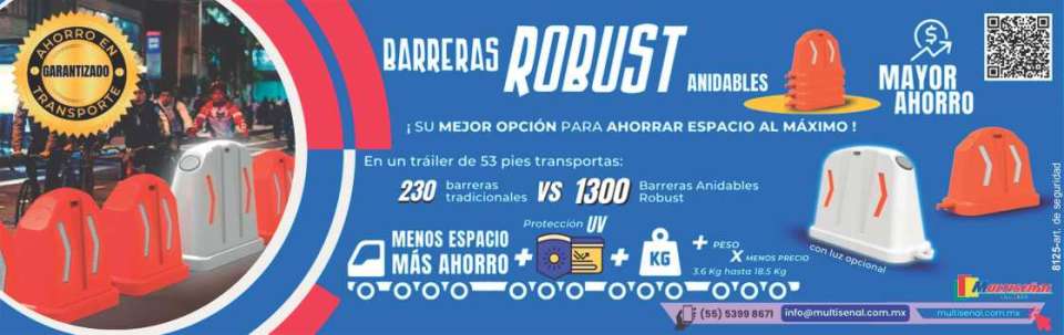 Barreras ROBUST anidables ¡su mejor opcion para ahorrar espacio al maximo! En un trailer de 53 pies transportas: 230 barreras tradicionales VS 1300 barreras anidables ROBUST Barreras ROBUST anidables ¡su mejor opcion para ahorrar espacio al maximo! En un trailer de 53 pies transportas: 230 barreras tradicionales VS 1300 barreras anidables ROBUST