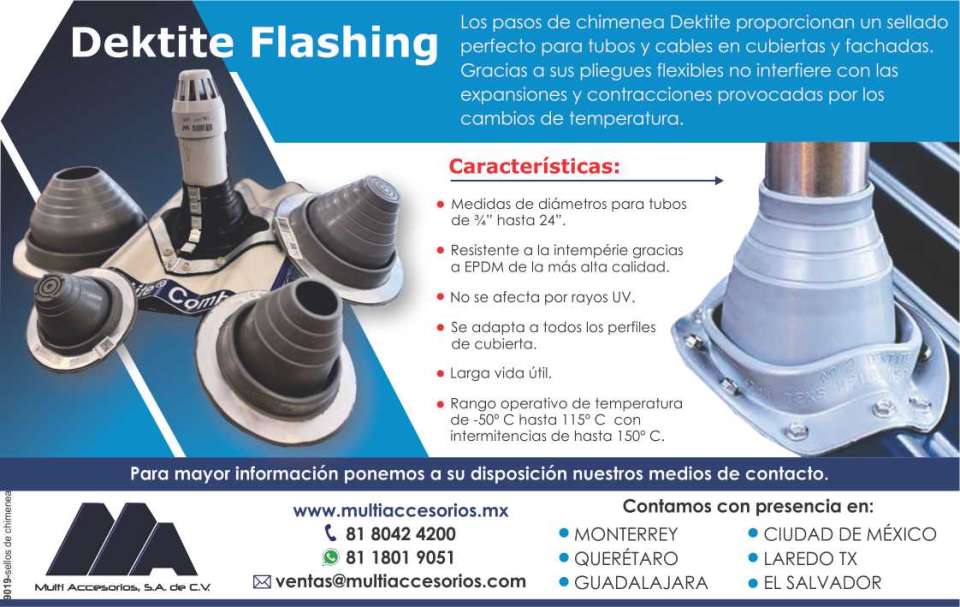 Los pasos de chimenea Dektite proporcionan un sellado perfecto para tubos y cables en cubiertas y fachadas, gracias a sus pliegues flexibles no interfiere con las expansiones y contracciones Los pasos de chimenea Dektite proporcionan un sellado perfecto para tubos y cables en cubiertas y fachadas, gracias a sus pliegues flexibles no interfiere con las expansiones y contracciones