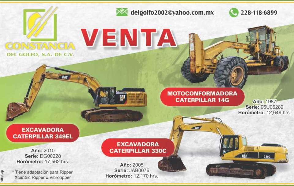 Venta Excavadora Caterpillar 349EL, Excavadora Caterpillar 330C, Motoconformadora Caterpillar 14G Venta Excavadora Caterpillar 349EL, Excavadora Caterpillar 330C, Motoconformadora Caterpillar 14G
